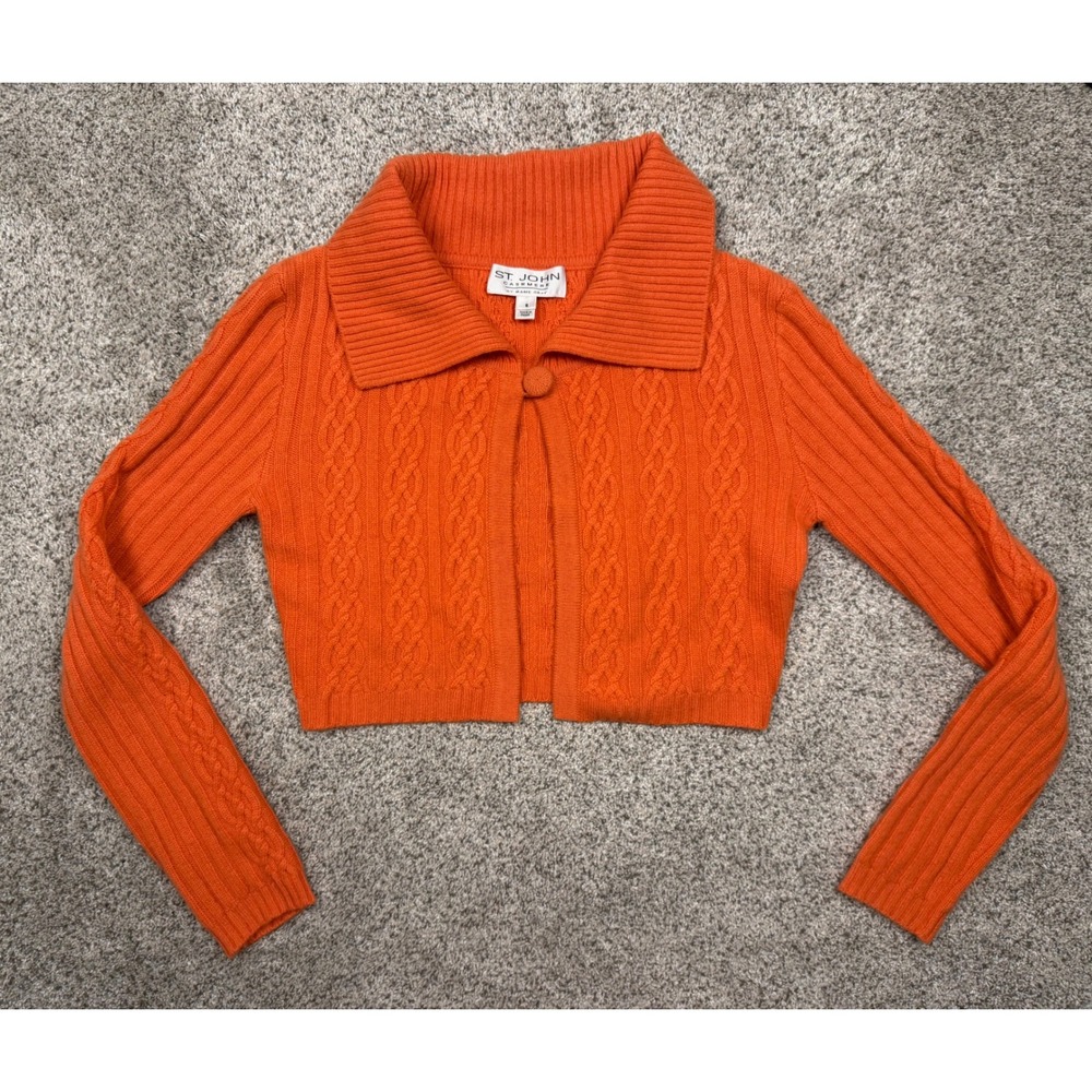 St. John Cardigan Cashmere Small Orange Cable Knit Cropped Collared Sweater